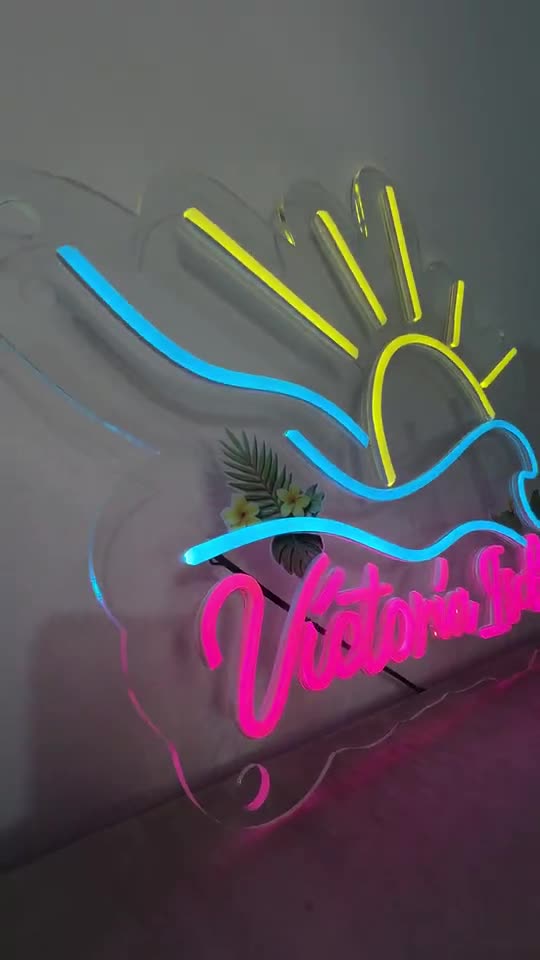 Letrero de neón personalizado Victoria Isabella con sol y olas, hecho por Neón Pro